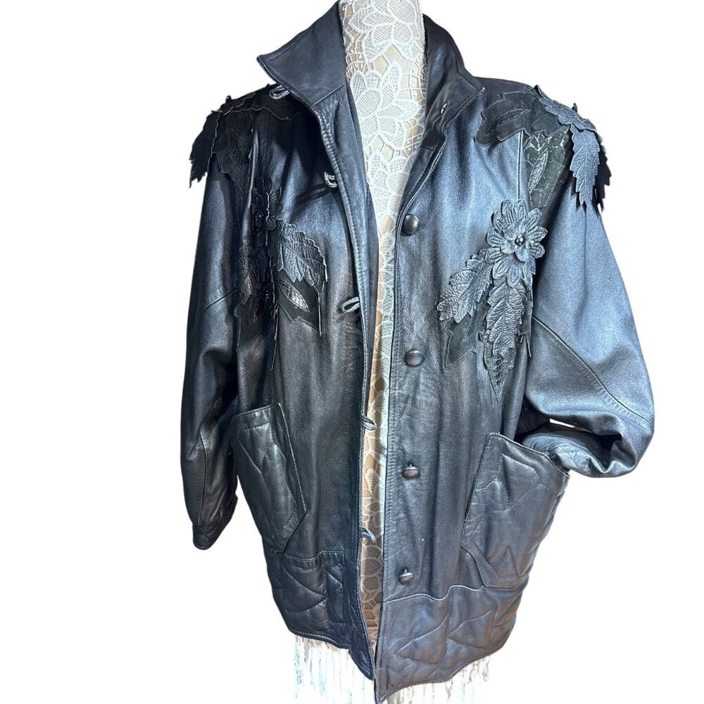 Vintage Leather Jacket with Floral Applique - Size M, Artistic Boho Statement Ou